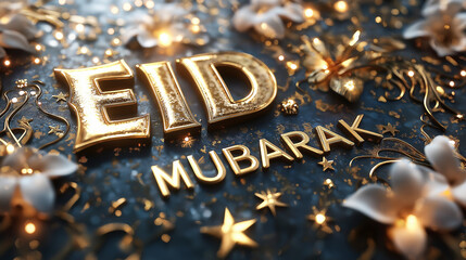 Elegant Golden Eid Mubarak Festive Greeting Card Design Luxurious 3D Text Floral Decorations Sparkling Lights Night Background Holiday Celebration Islamic Culture Faithful Wishes Blessings Hopeful    