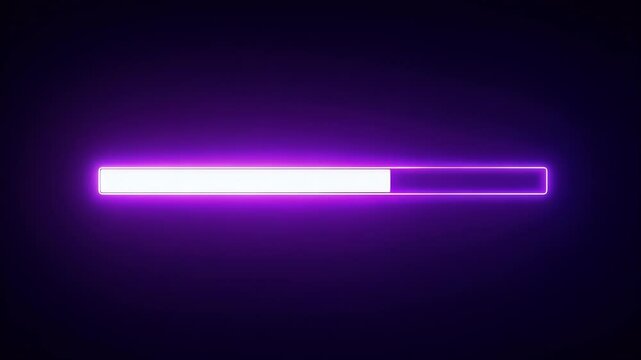 segmented futuristic loading bar glowing in vibrant purple, gradually filling on a dark