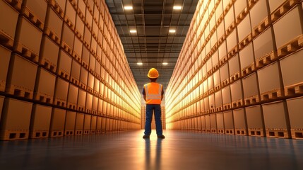 A worker in safety gear stands amidst tall stacks of boxes in a well-lit warehouse, emphasizing organization and inventory management.cargo management warehouse scheduling