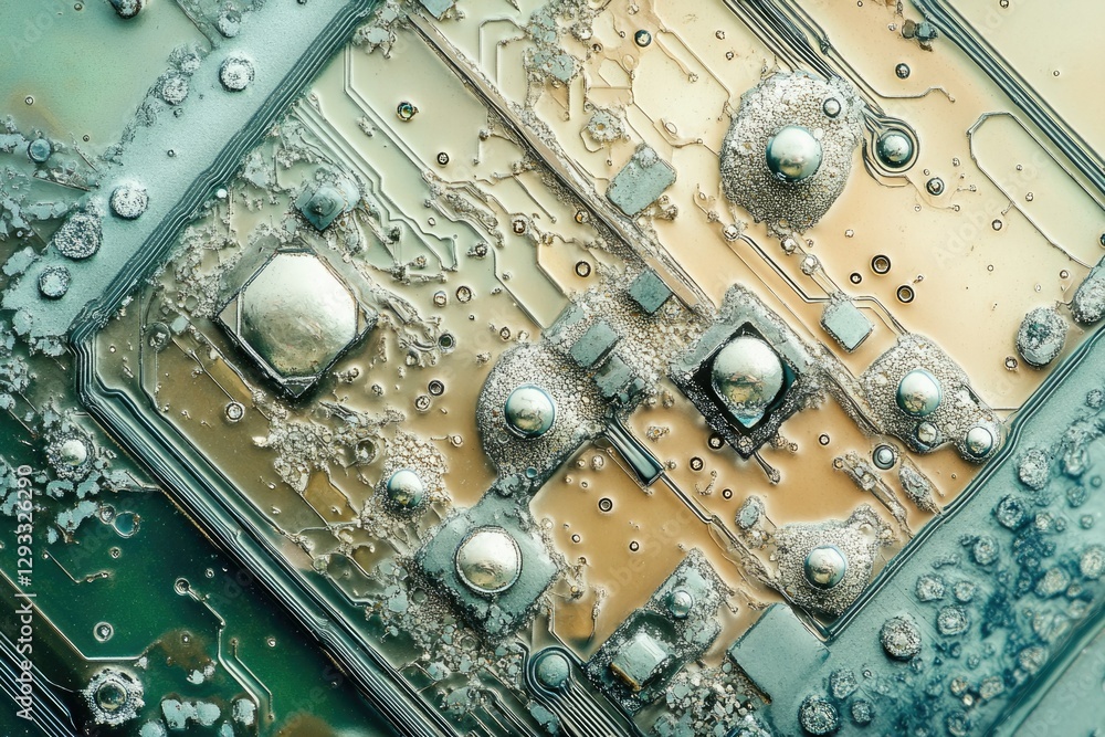 Poster close-up of a weathered circuit board, showcasing intricate details and aged components.