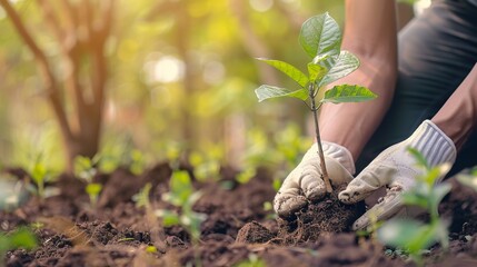 Arbor Day,Tree Planting Day,EARTH Day, Hand-Planting a Tree on Soil with a Green Background for an Environment Day Concept. Featuring a Green Plant in Hand Near,young woman planting tree in the garden