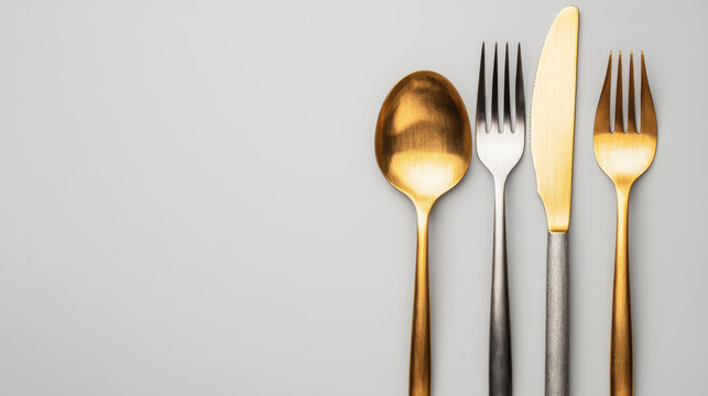 3d cutlery of golden and silver color fork, knife, spoon and teaspoon. Silverware and gold utensil, catering luxury metal tableware top view isolated on grey background, Realistic vector illustration