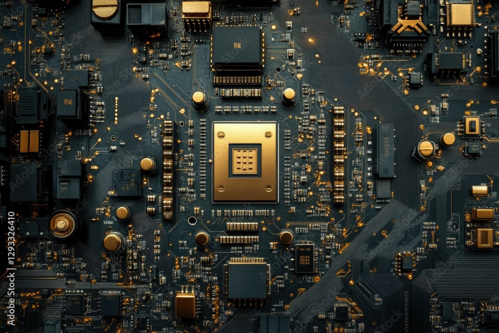 Poster close-up of a complex circuit board with gold connectors and integrated circuits.