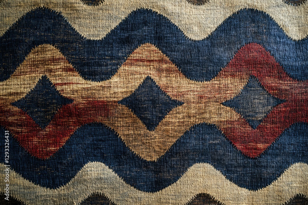 Poster woven textile with wavy pattern and diamond shapes in blue, brown, and red hues.