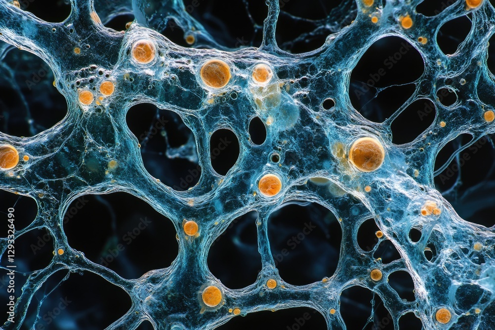 Fototapete Microscopic view of a network structure with orange spherical elements embedded within a blue translucent matrix.