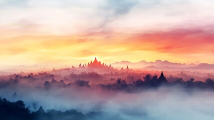 Obraz premium a beautiful landscape of a temple shrouded in mist and fog at dawn.