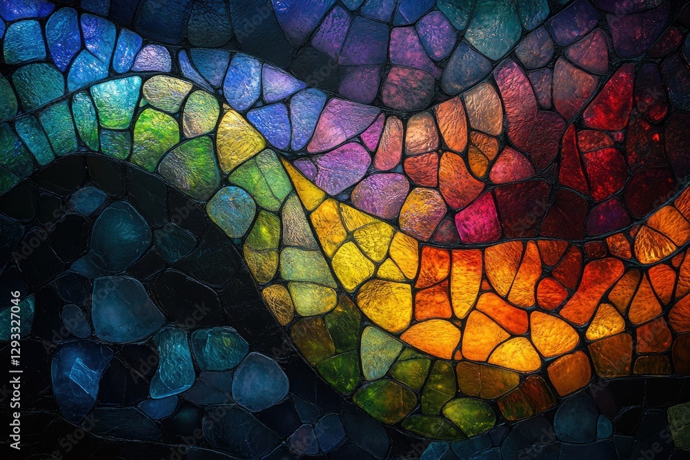 Poster abstract artwork depicting a vibrant, multicolored mosaic pattern resembling stained glass, with a f