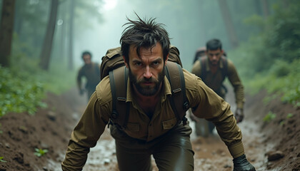 Fototapeta premium Men Advancing Through Dense Forest – Rugged Explorer Leading a Group Through Misty Wilderness, Crouching on a Rough Trail with Intense Focus and a Sense of Adventure