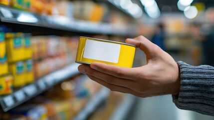 Close-up of a man's hands holding and reading the empty white label on a yellow can in a supermarket