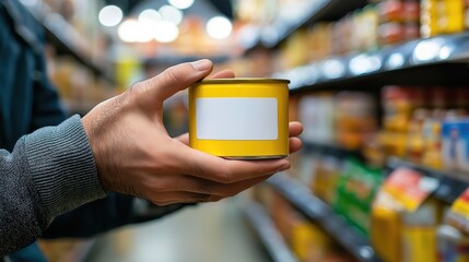 Close-up of a man's hands holding and reading the empty white label on a yellow can in a supermarket