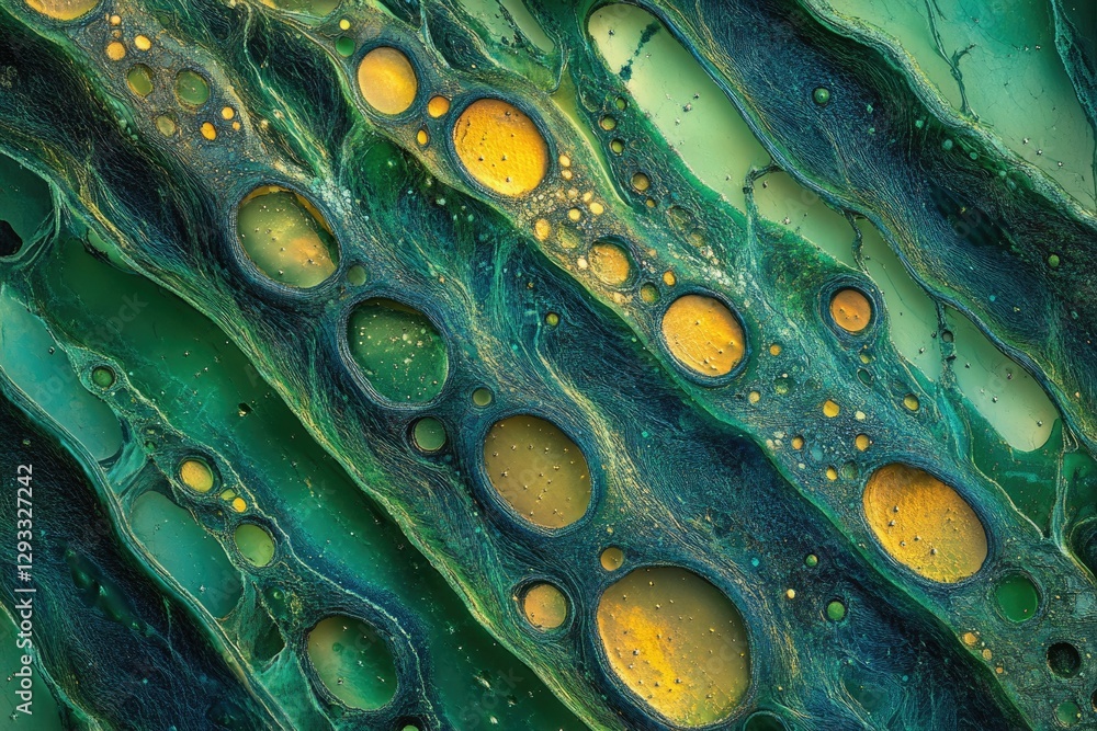 Poster Abstract art showcasing swirling teal and gold hues, creating a mesmerizing pattern of bubbles and textures.