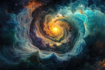 A swirling cosmic nebula, vibrant colors, bright core, textured clouds of gas and dust, deep space.