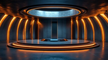 Rotating circular podium in a modern tech lab 