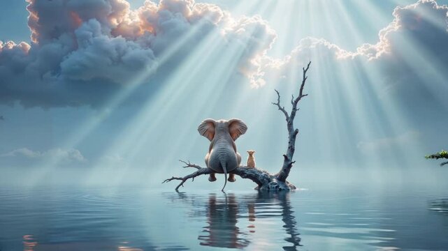 elephant and dog sit on a tree escaping from the flood