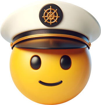 A cheerful emoji wearing a captain's hat, smiling brightly and embodying a fun nautical theme in a vibrant 3D style.