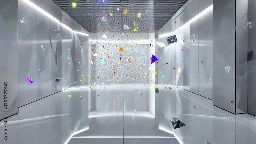 Poster visitors explore an interactive environment filled with vibrant colors and reflective elements creat