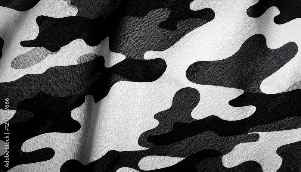 Poster black and white abstract camouflage winter hidden in concealment pattern on a fabric, capturing the 