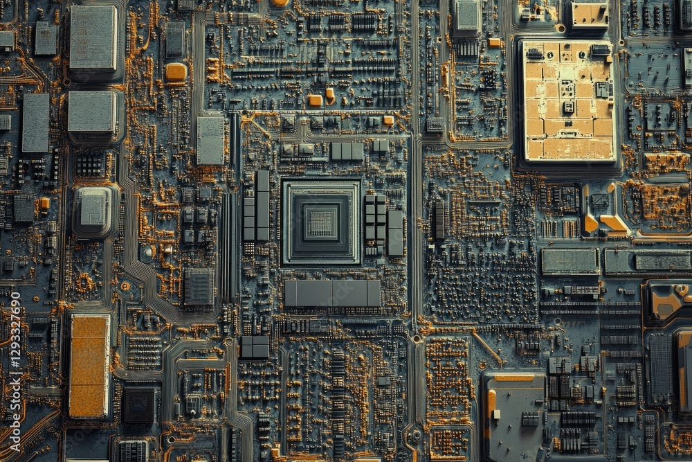 Poster Intricate circuitry design; complex electronic components densely packed on a microchip.