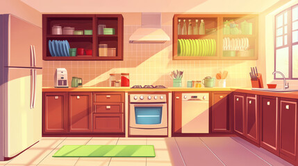 Home kitchen interior with modern furniture and clean tableware. Vector cartoon illustration of large room with brown drawers and cupboards, fridge, oven, dishes in sink, sun shining through window
