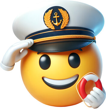 A cheerful captain emoji saluting while holding a life preserver, adorned with a stylish captain's hat and illustrated in a colorful, cartoonish style that conveys friendliness and adventure