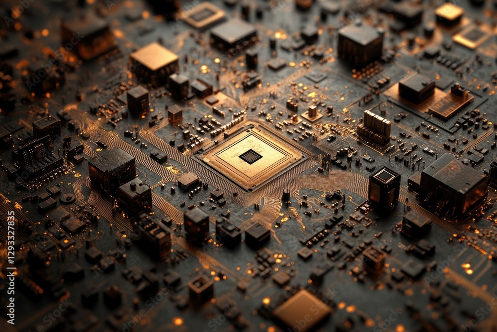 Aufkleber close-up view of a circuit board showcasing intricate electronic components and circuitry.