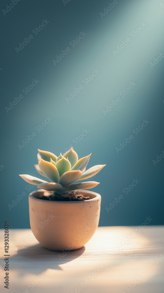 Poster a small potted succulent on a light wooden table, surrounded by muted blue and cream tones, creating