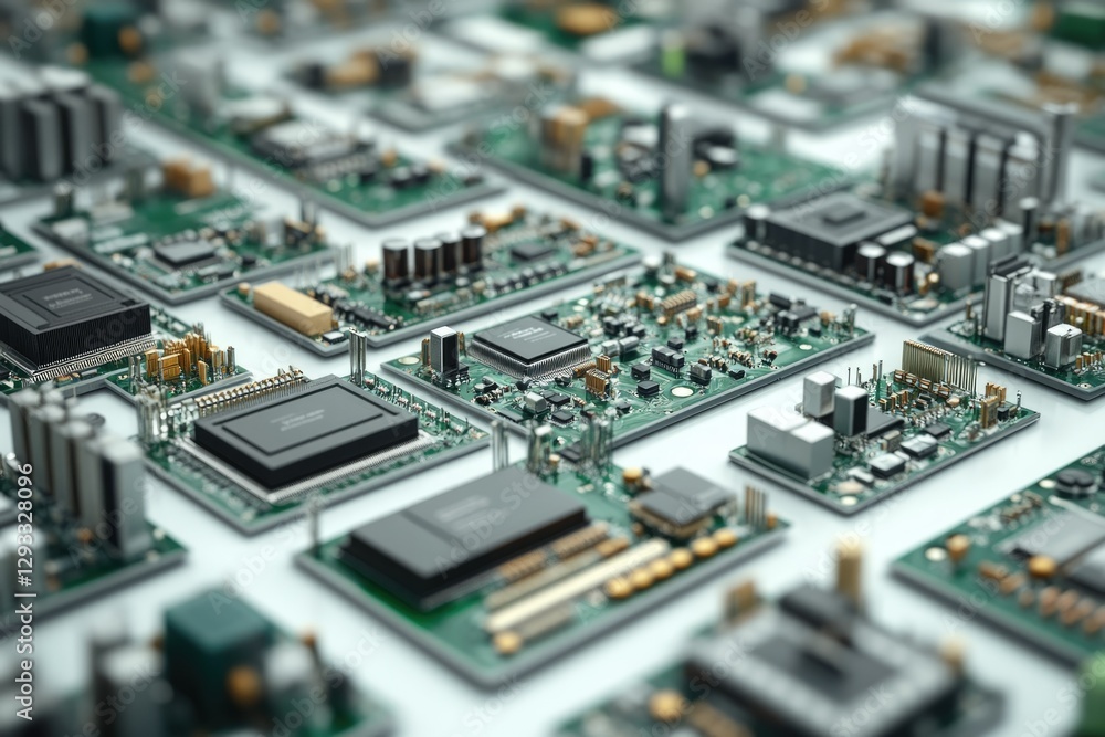 Aufkleber Close-up view of numerous circuit boards with various microchips and components.