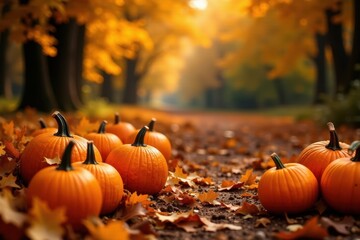 Abundant pumpkins & gourds amidst vibrant fall foliage , gourd, harvest