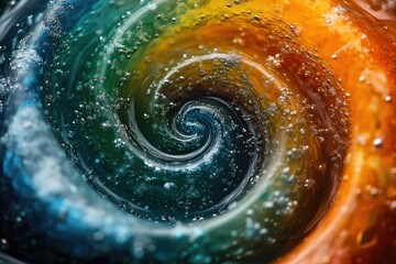A mesmerizing swirl of vibrant, multicolored liquid with air bubbles creating a cosmic-like effect.