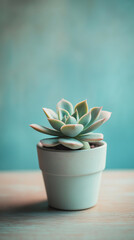 A small potted succulent on a light wooden table, surrounded by muted blue and cream tones, creating a soothing and minimalistic atmosphere Generative AI