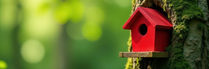 Bright red birdhouse nestled in a mossy tree trunk , cute, trunk, picture