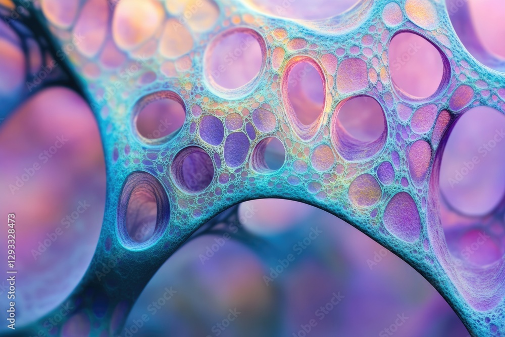Poster abstract iridescent network of interconnected bubbles, resembling a microscopic structure or organic