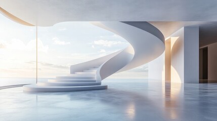 Spiral-shaped podium in a futuristic white space, white background