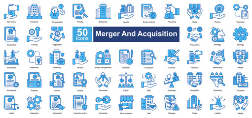 Merger and Acquisition icon set in Blue Color style, featuring 50 icons of investment, negotiation, strategy, and business takeover. Perfect for corporate finance, legal, and business planning.