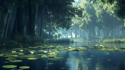 Swamp or lake with water lilies in forest. Nature landscape with marsh in deep wood. Computer game background, fantasy mystic scenery view with wild pond covered with ooze, Cartoon vector illustration