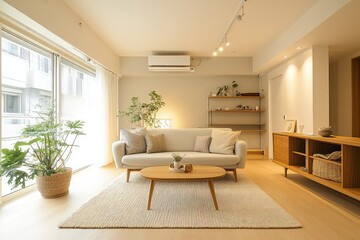 A Muji-inspired living room with a natural color palette, a minimalistic sofa, and subtle artistic decor.