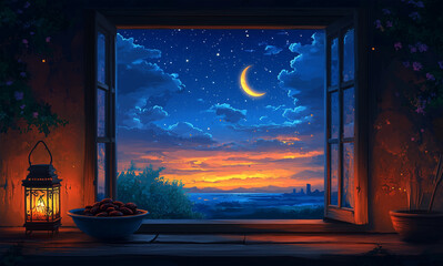 Ramadan Night Scene with Lantern, Dates, and Open Window