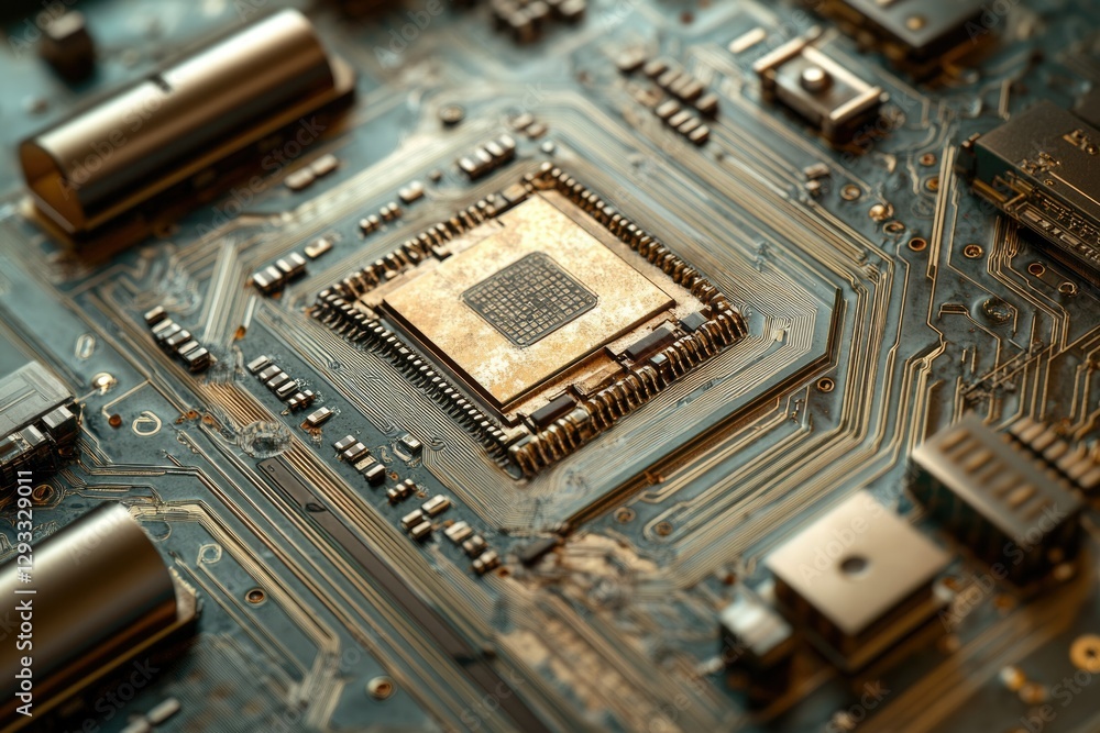 Poster Close-up of a circuit board showcasing a central processor unit and intricate circuitry.