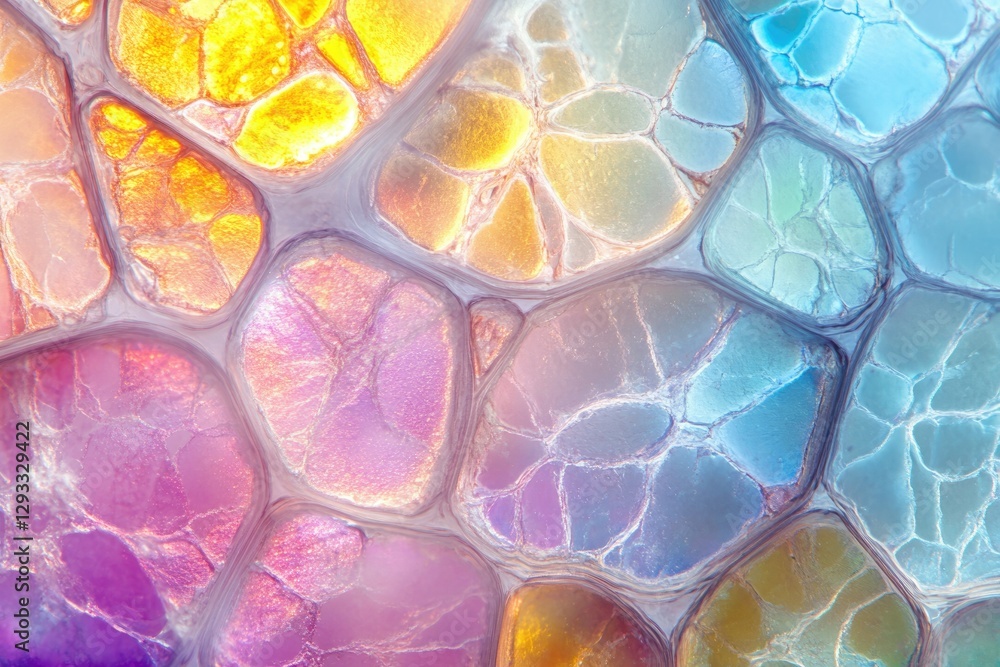 Poster abstract image of iridescent, pastel-colored, interconnected cells or bubbles.