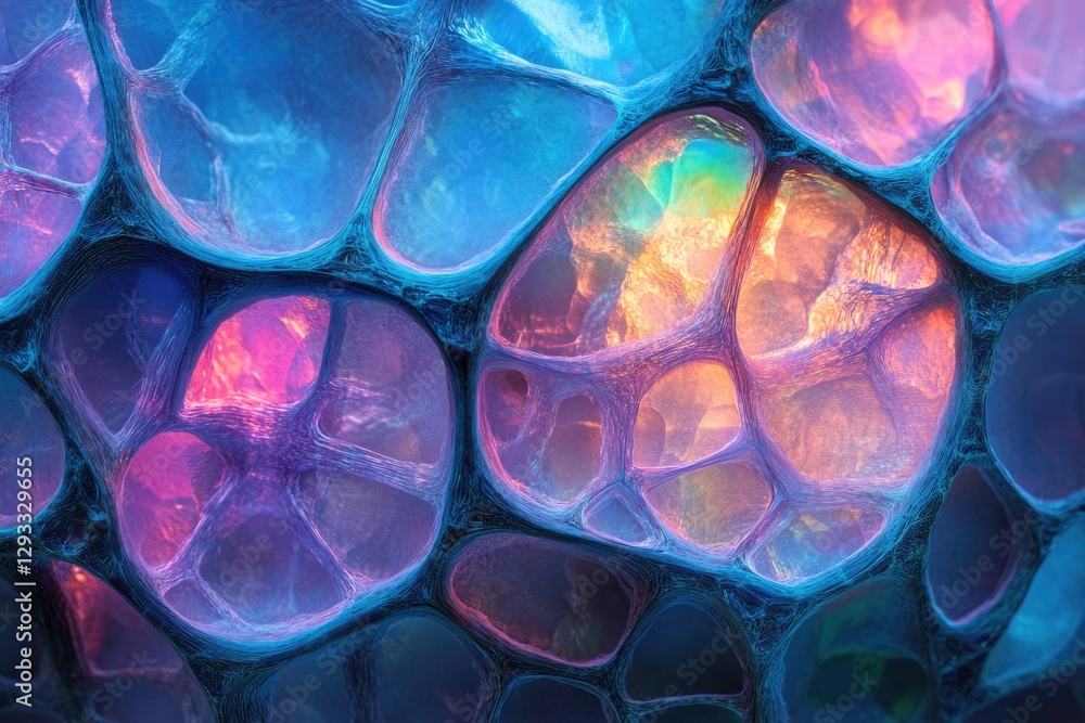 Poster abstract image depicting a vibrant, interconnected network of glowing, translucent cells or organic 