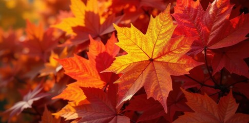 Fototapeta premium Pile of vibrant maple leaves in sunlight, showing rich color variation, nature photography, photography, detail