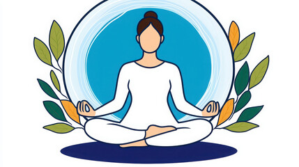 Meditative individual in lotus pose surrounded by leaves, promoting tranquility and mindfulness