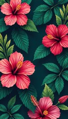 Vibrant hibiscus & palm leaf tropical pattern, texture, Hibiscus