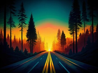 Fototapeta premium Silhouette of Straight Forest Road at Sunset, Isolated Background