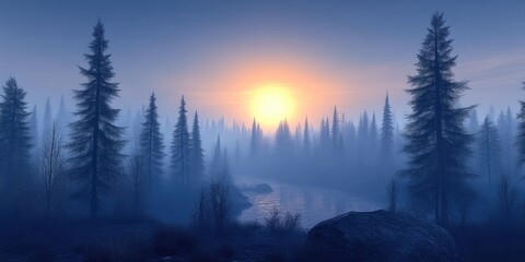 Fototapeta premium Mysterious trees in a dark foggy forest