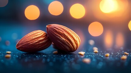 A handful of raw almonds spilling onto a clean, minimalistic surface, ideal for natural food design and wellness promotions, book illustration style