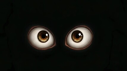 The image shows a pair of large eyes on a black background, looking and blinking straight ahead.