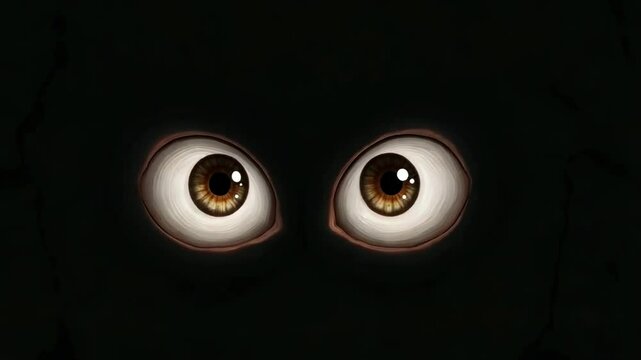 The image shows a pair of large eyes on a black background, looking and blinking straight ahead.
