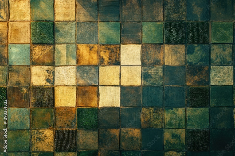 Poster aerial view of a patchwork of fields, showing diverse crops and soil textures in a grid pattern.