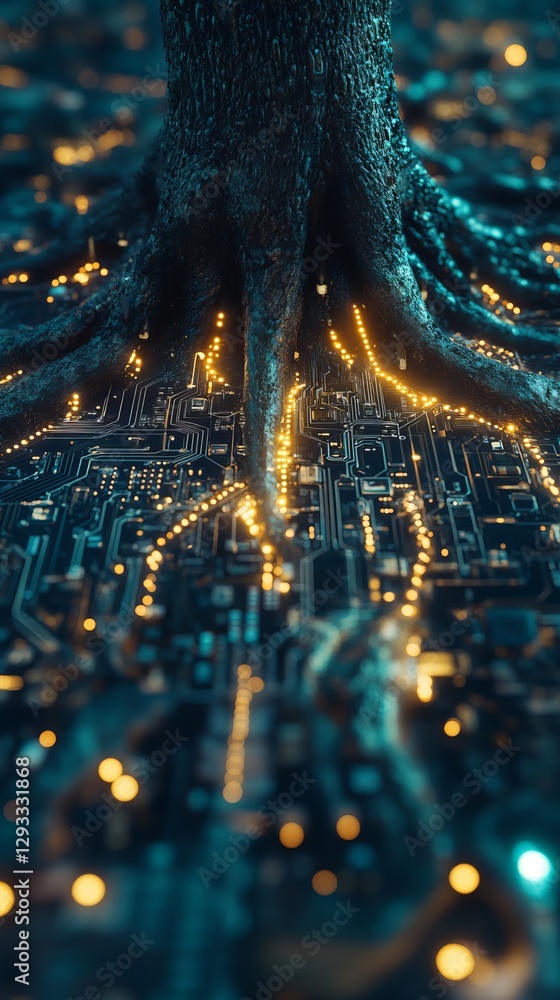 Poster Tree roots merging with illuminated circuit board, futuristic blend of nature and technology. Environmental sustainability and innovation concept